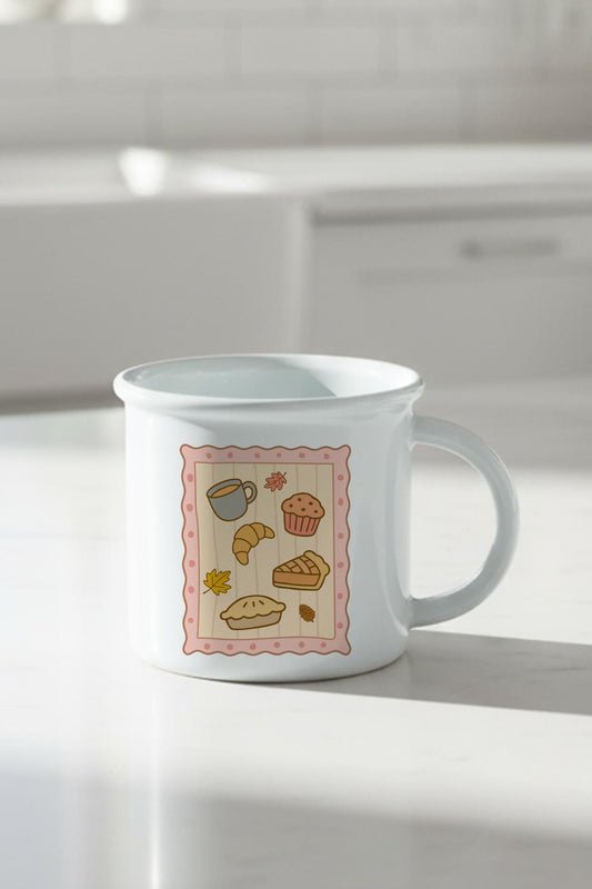 Sonbahar Temalı Tatlılar Baskılı Enamel Görünümlü Seramik Vintage Kupa Bardak