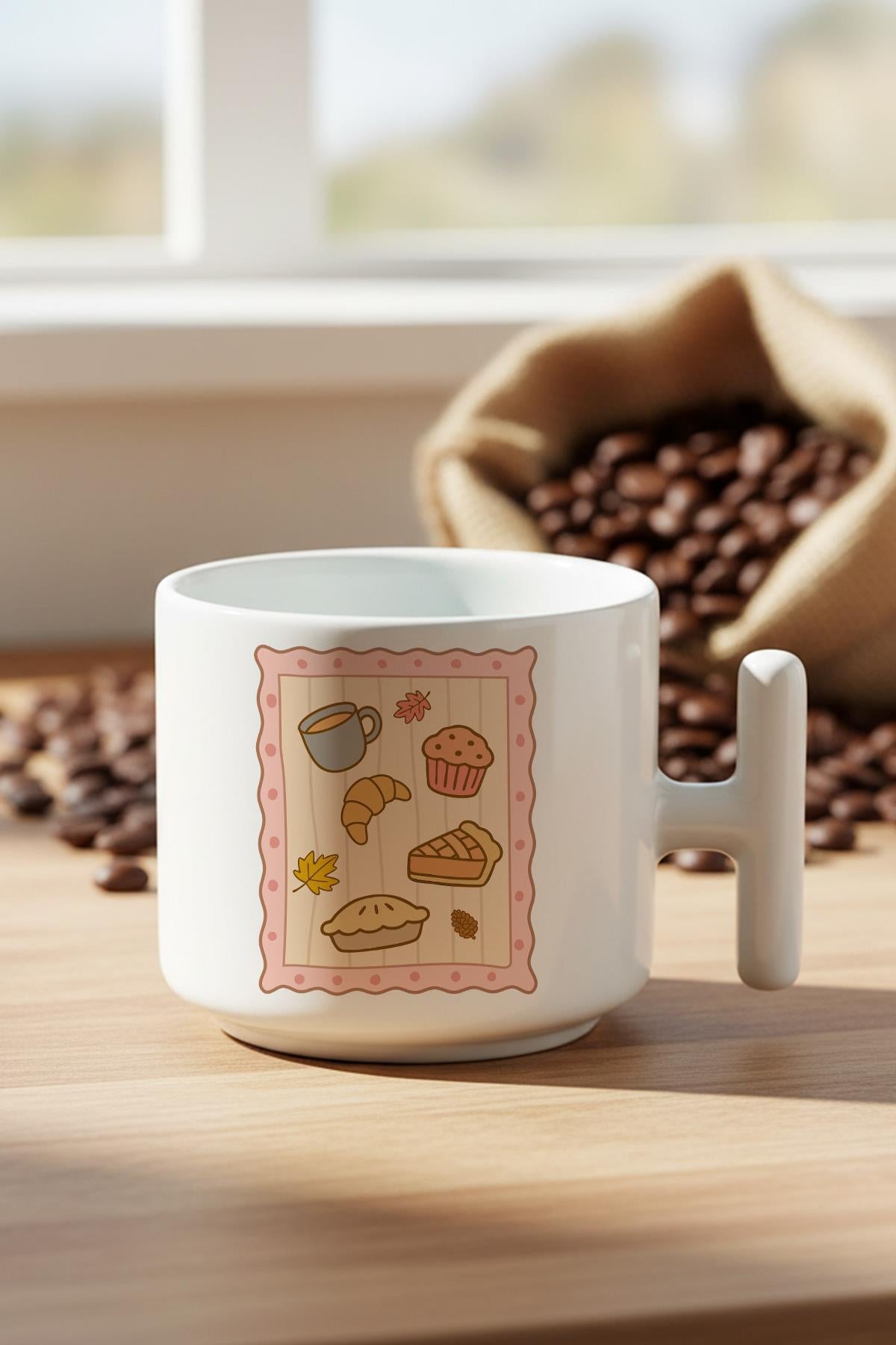 Sonbahar Temalı Tatlılar Baskılı Hediyelik T Kulplu Latte Fincanı Kupa Bardak