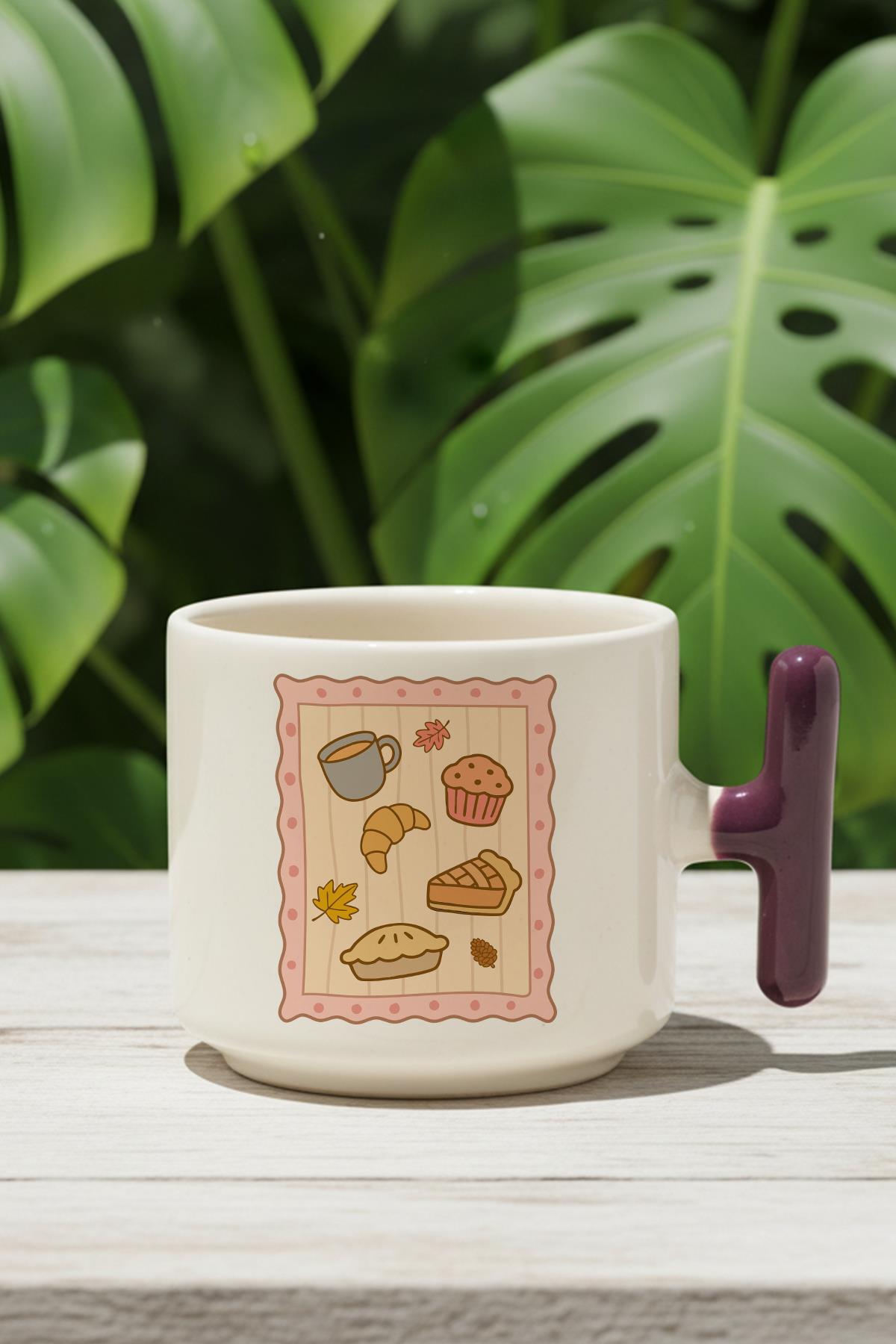 Sonbahar Temalı Tatlılar Baskılı Hediyelik T Kulplu Latte Fincanı Kupa Bardak