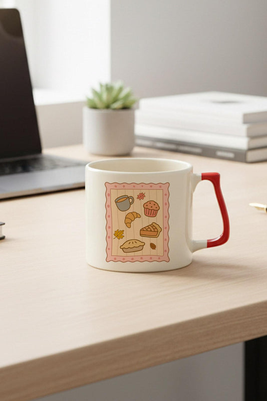 Sonbahar Temalı Tatlılar Baskılı Kırmızı D Kulplu Kupa Bardak