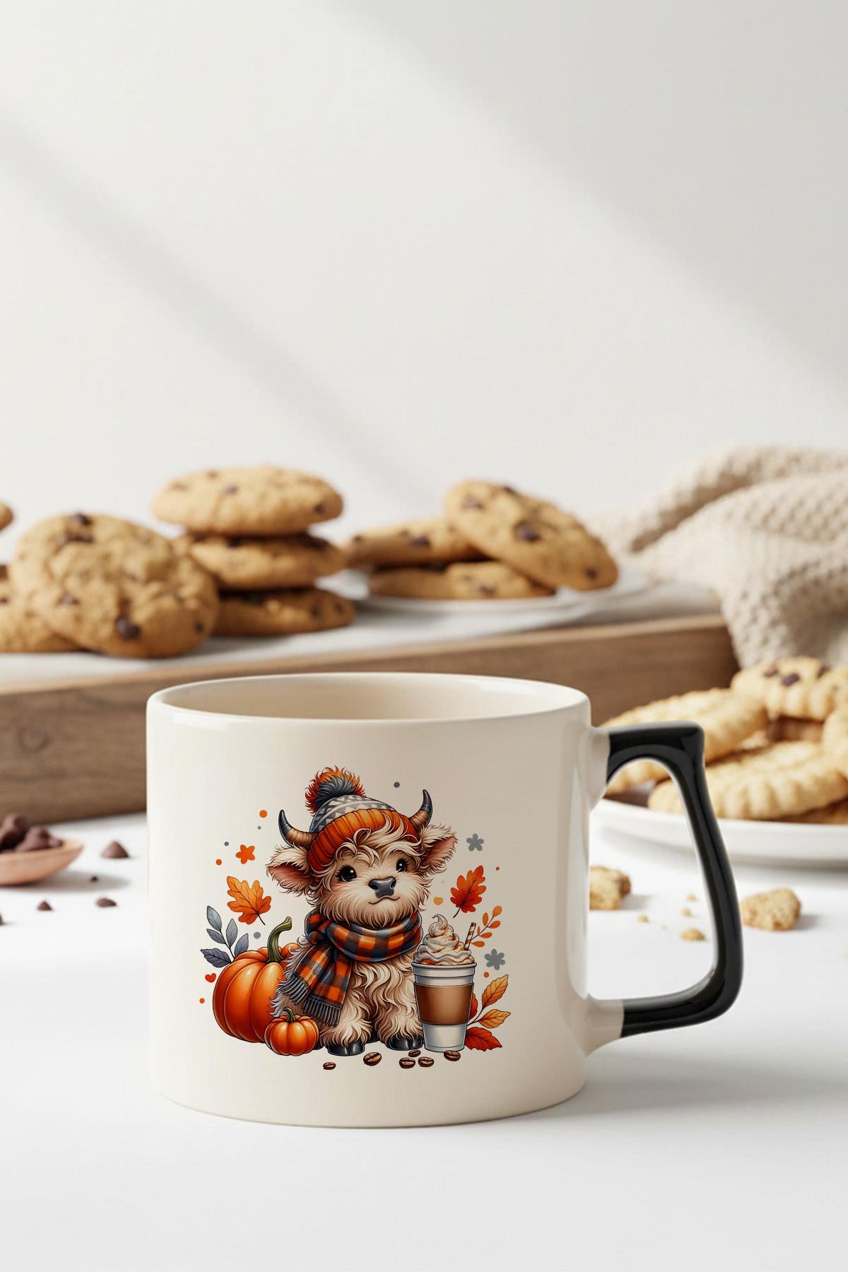 Sonbahar Teması Fall Vibes Highland Cow Baskılı Siyah D Kulplu Kupa Bardak
