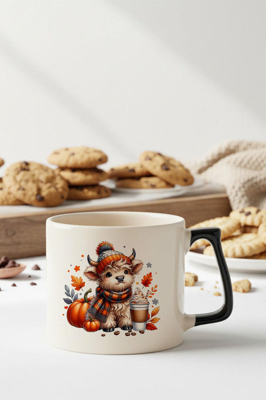 Sonbahar Teması Fall Vibes Highland Cow Baskılı Siyah D Kulplu Kupa Bardak