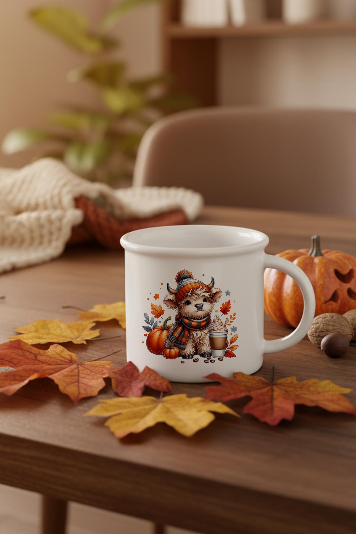 Sonbahar Teması Fall Vibes Highland Cow Baskılı Enamel Görünümlü Seramik Vintage Kupa Bardak