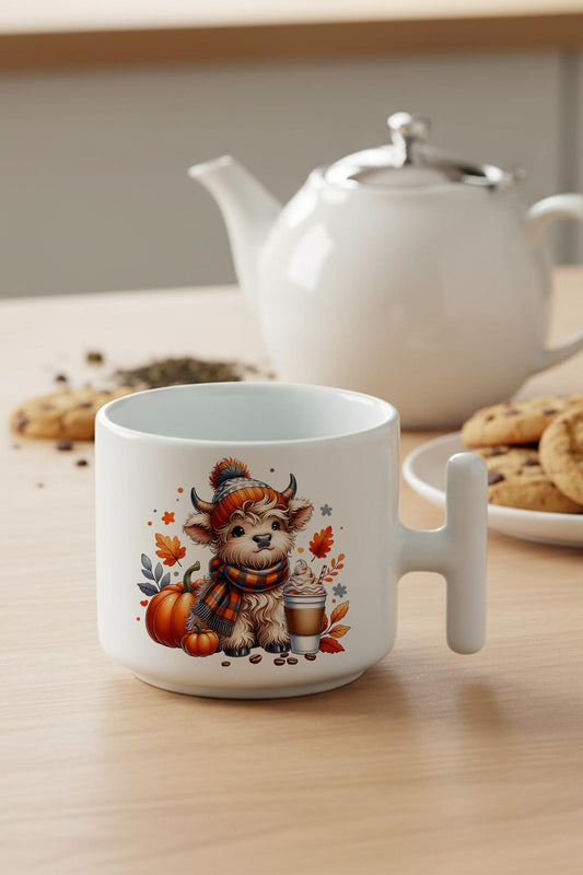 Sonbahar Teması Fall Vibes Highland Cow Baskılı Hediyelik T Kulplu Latte Fincanı Kupa Bardak