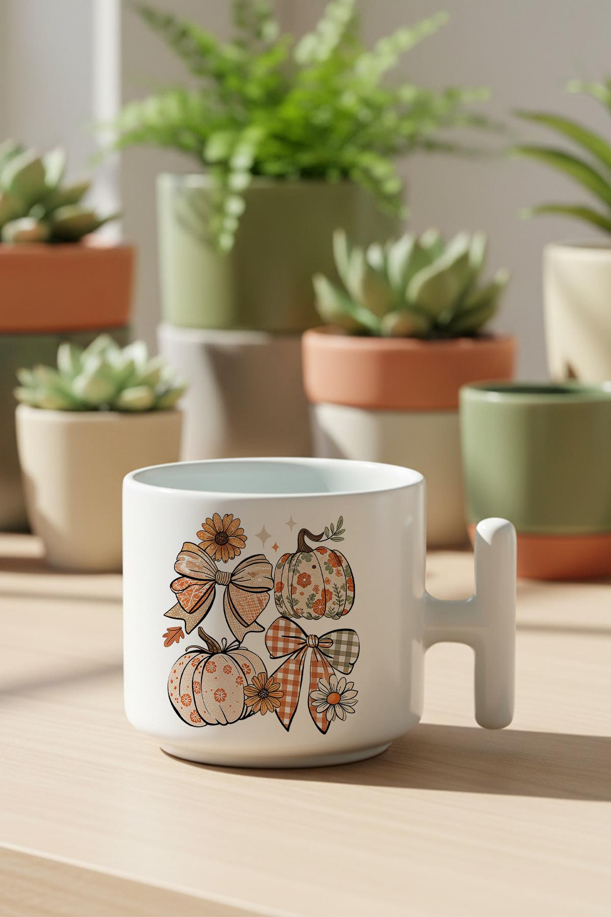 Sonbahar Teması Pumpkin Couqette Baskılı Hediyelik T Kulplu Latte Fincanı Kupa Bardak