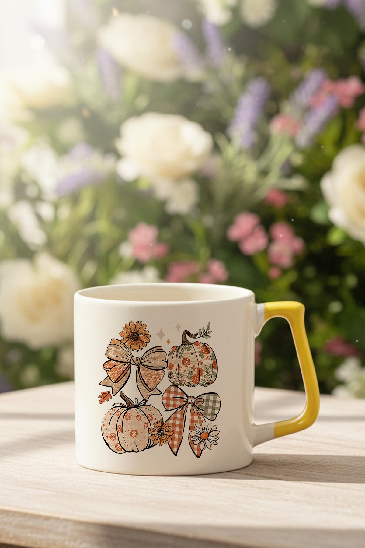 Sonbahar Teması Pumpkin Couqette Baskılı Sarı D Kulplu Kupa Bardak