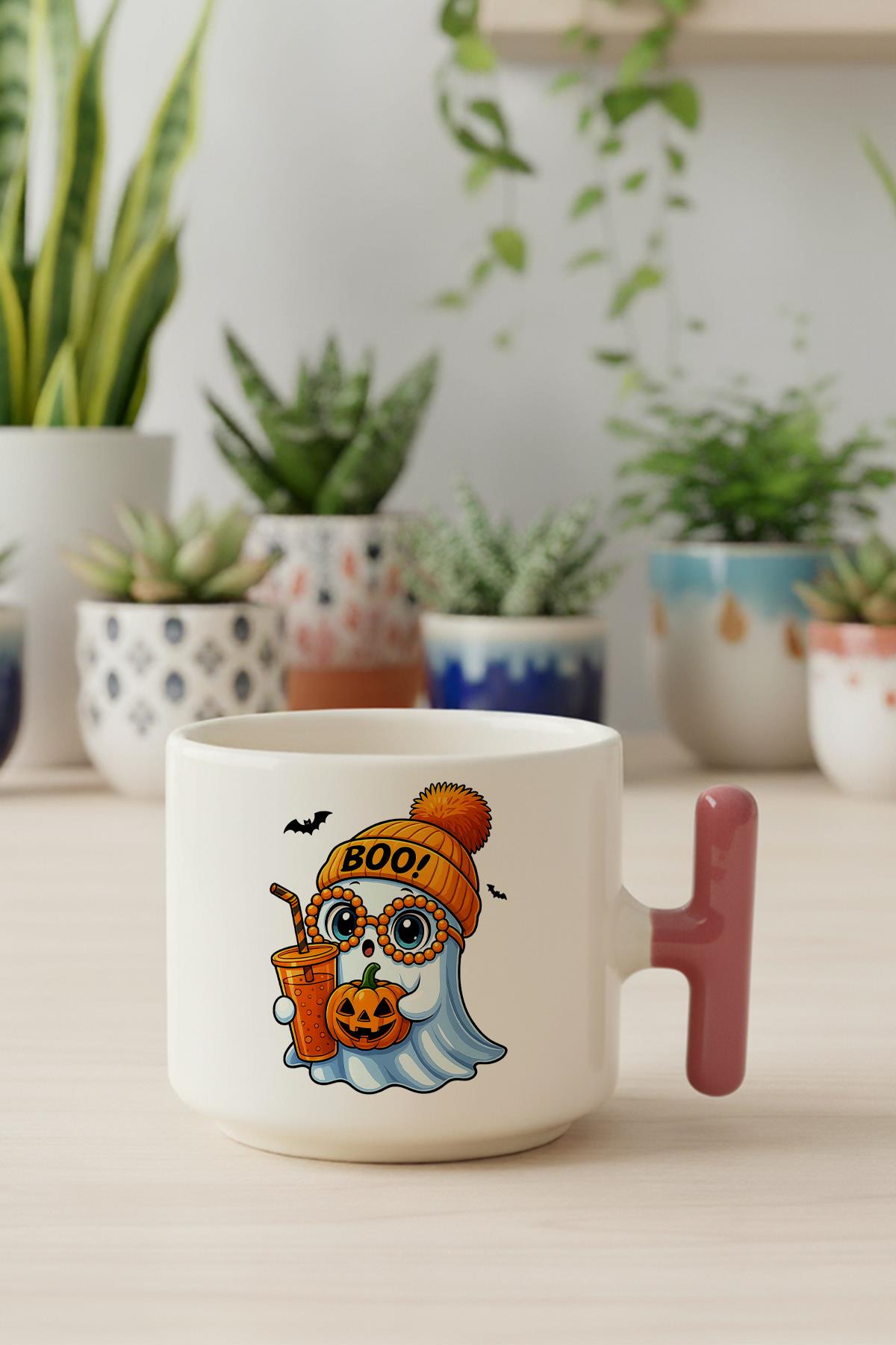 Sonbahar Teması Sevimli Halloween Hayalet Baskılı Hediyelik T Kulplu Latte Fincanı Kupa Bardak