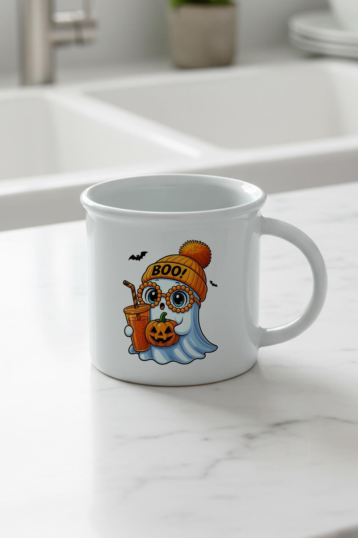 Sonbahar Teması Sevimli Halloween Hayalet Baskılı Enamel Görünümlü Seramik Vintage Kupa Bardak