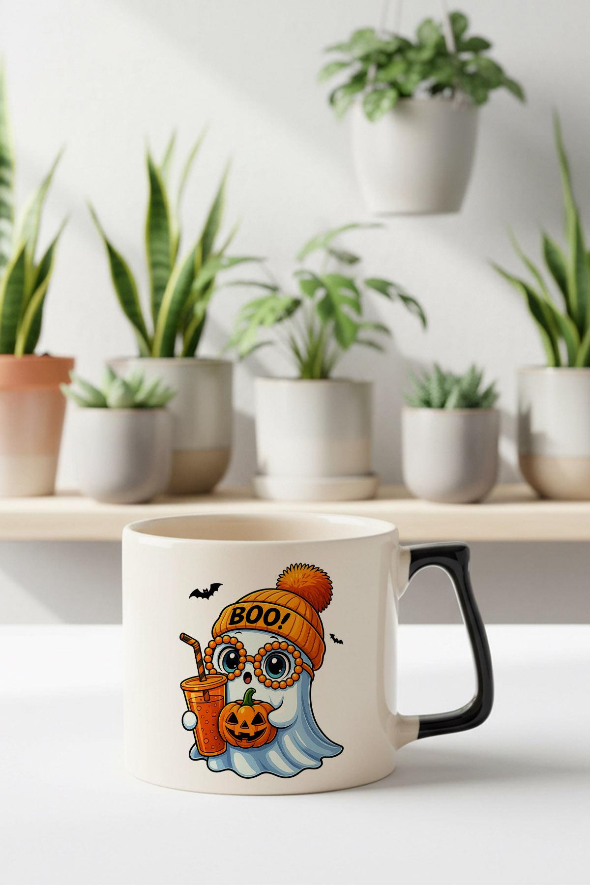 Sonbahar Teması Sevimli Halloween Hayalet Baskılı Siyah D Kulplu Kupa Bardak