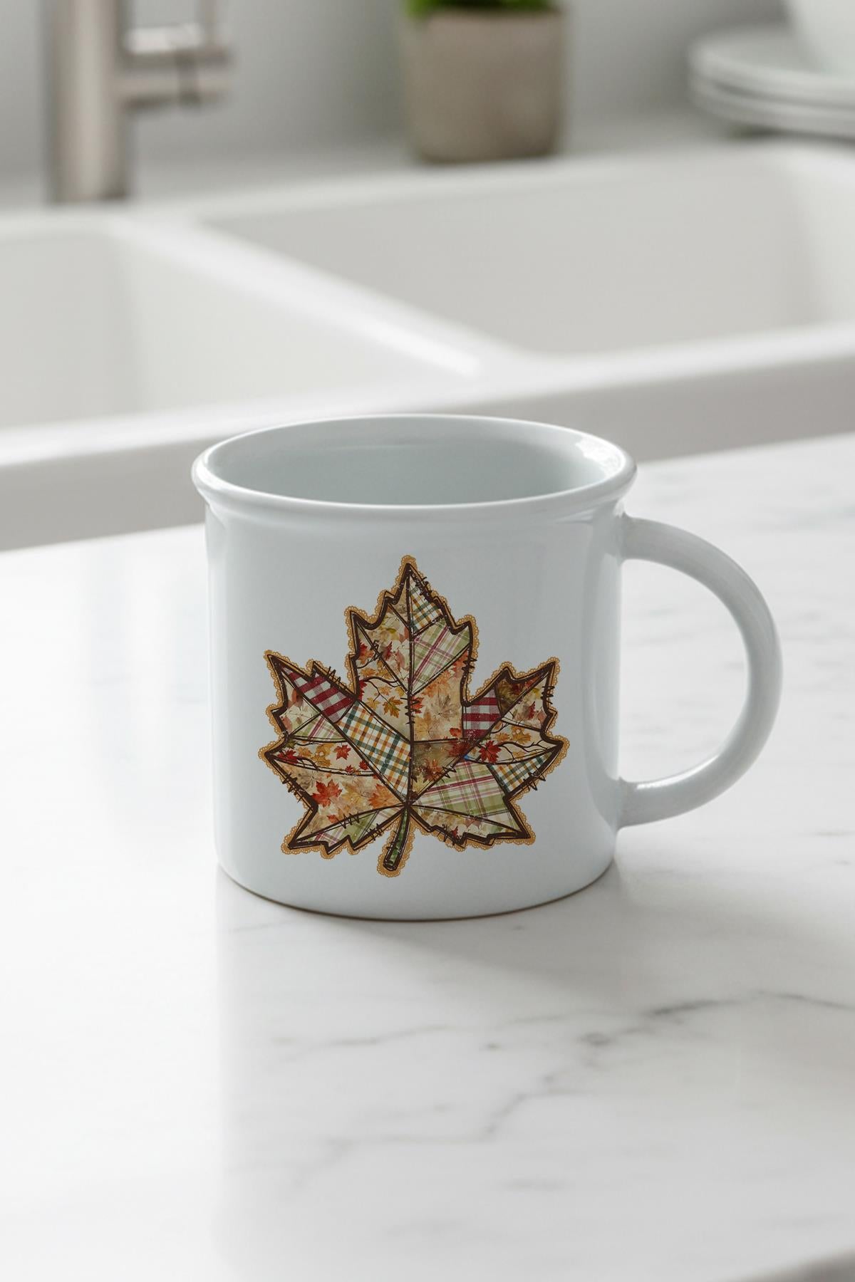 Sonbahar Yaprak Baskılı Enamel Görünümlü Seramik Vintage Kupa Bardak