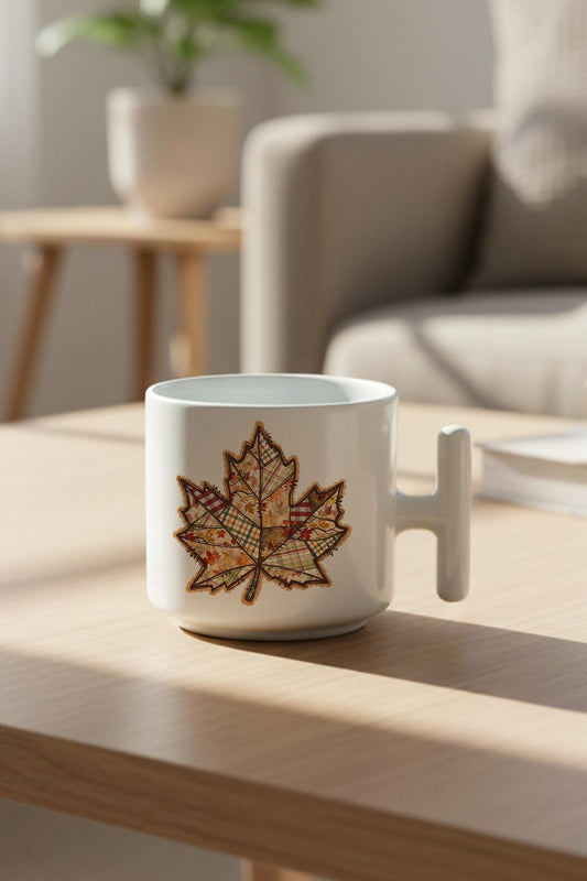 Sonbahar Yaprak Baskılı Hediyelik T Kulplu Latte Fincanı Kupa Bardak