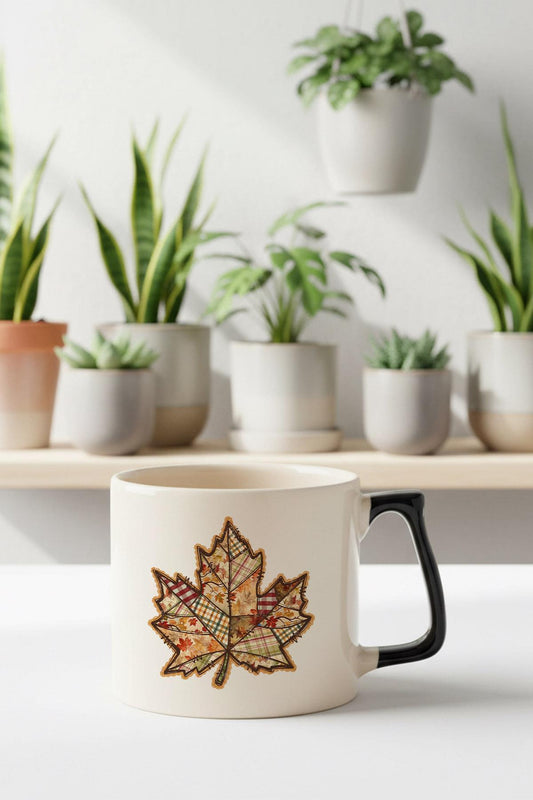 Sonbahar Yaprak Baskılı Siyah D Kulplu Kupa Bardak