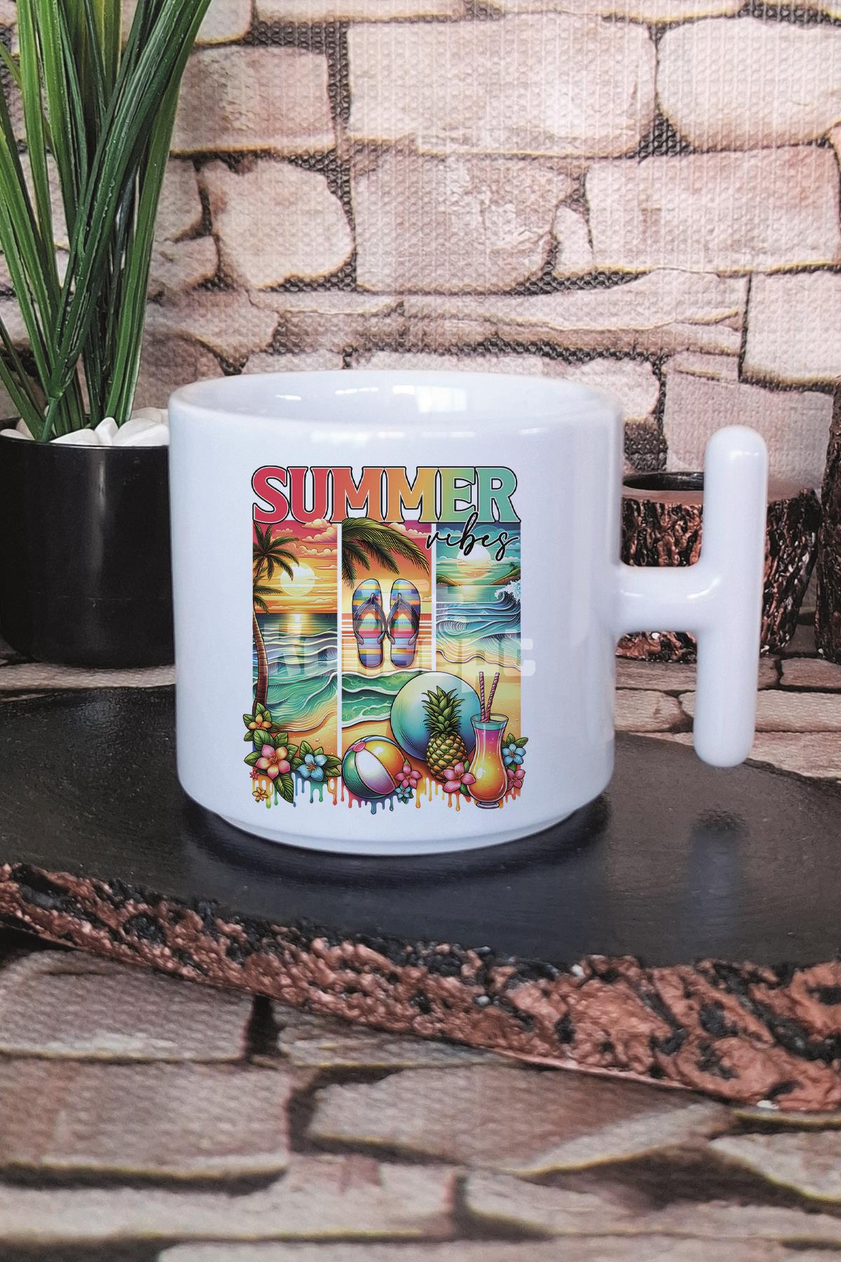 Summer Vibes Plaj Baskılı T Kulplu Latte Fincanı Kupa Bardak