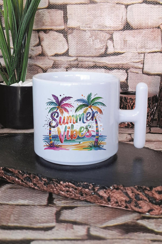 Summer Vibes Renkli Palmiyeler Baskılı T Kulplu Latte Fincanı Kupa Bardak