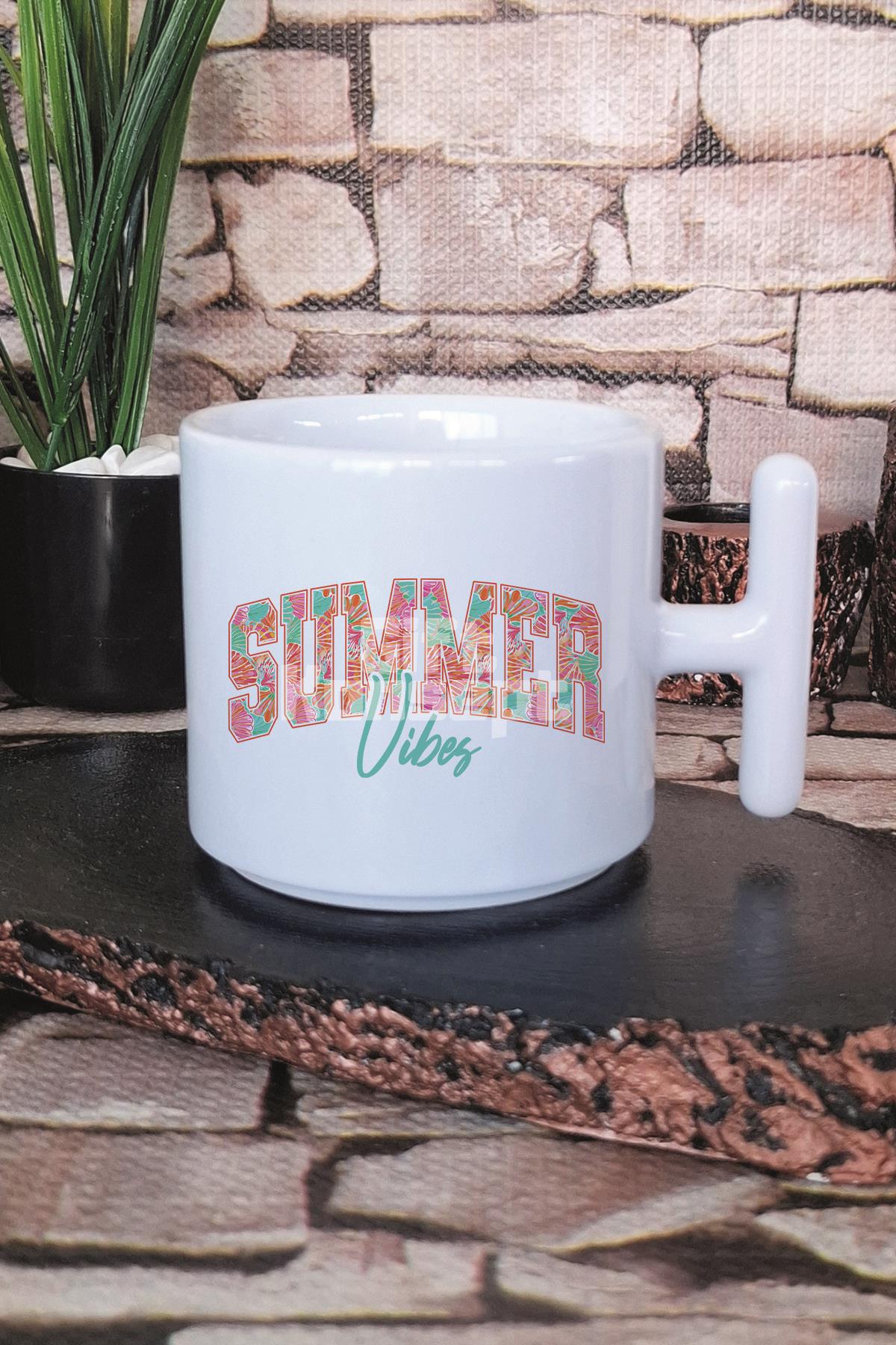 Summer Vibes Turkuaz Yaz Temalı Baskılı T Kulplu Latte Fincanı Kupa Bardak