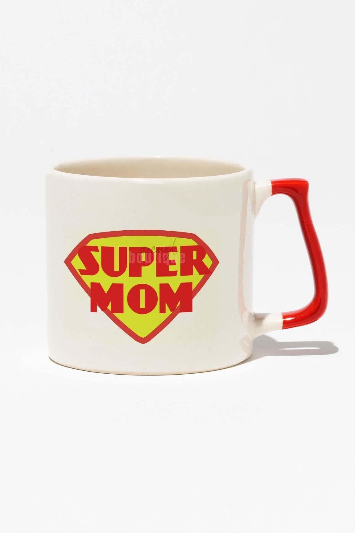 Super Mom Anneler Günü Baskılı Kırmızı Kulplu Modern Seramik Kupa