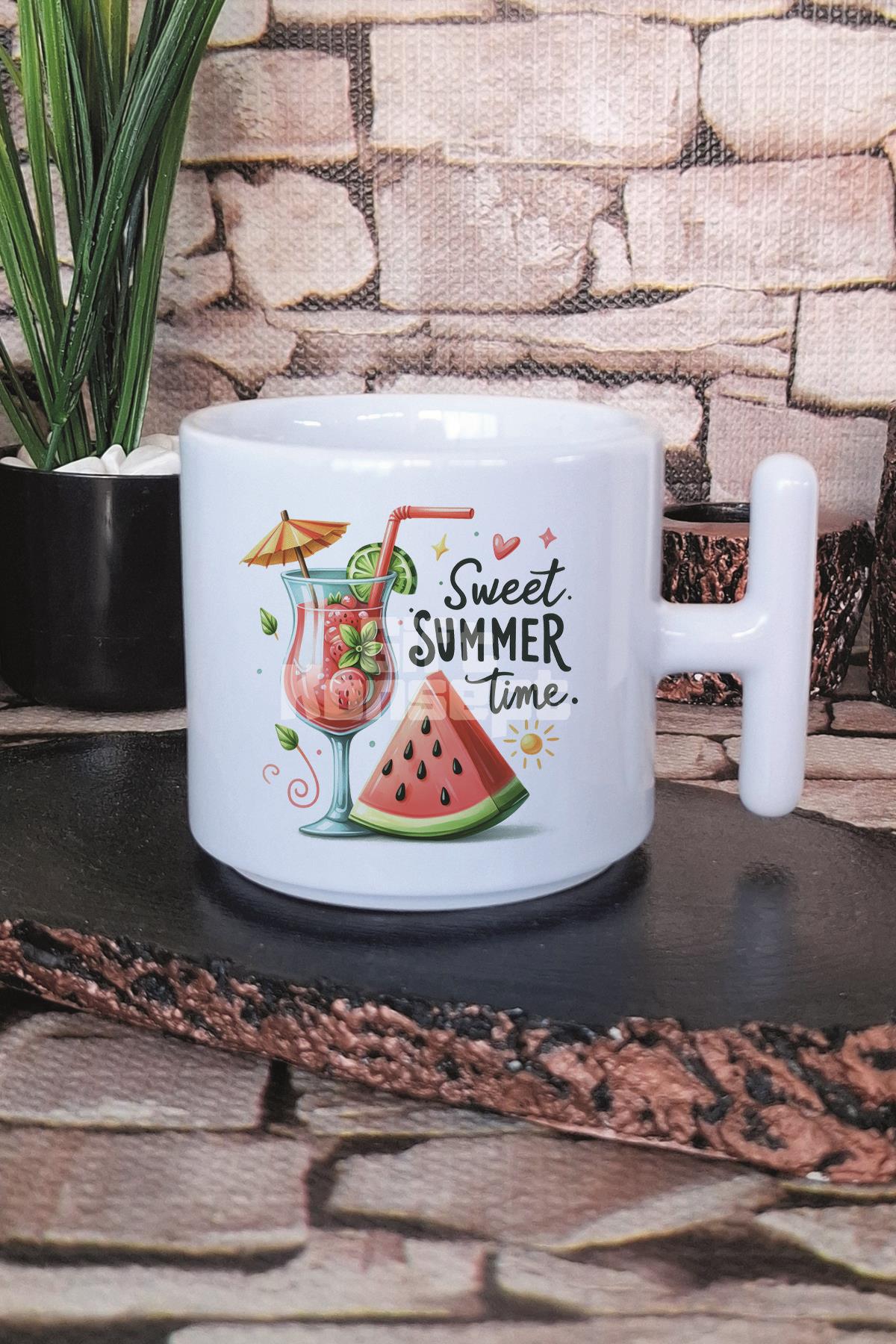 Sweet Summer Time Baskılı T Kulplu Latte Fincanı Kupa Bardak