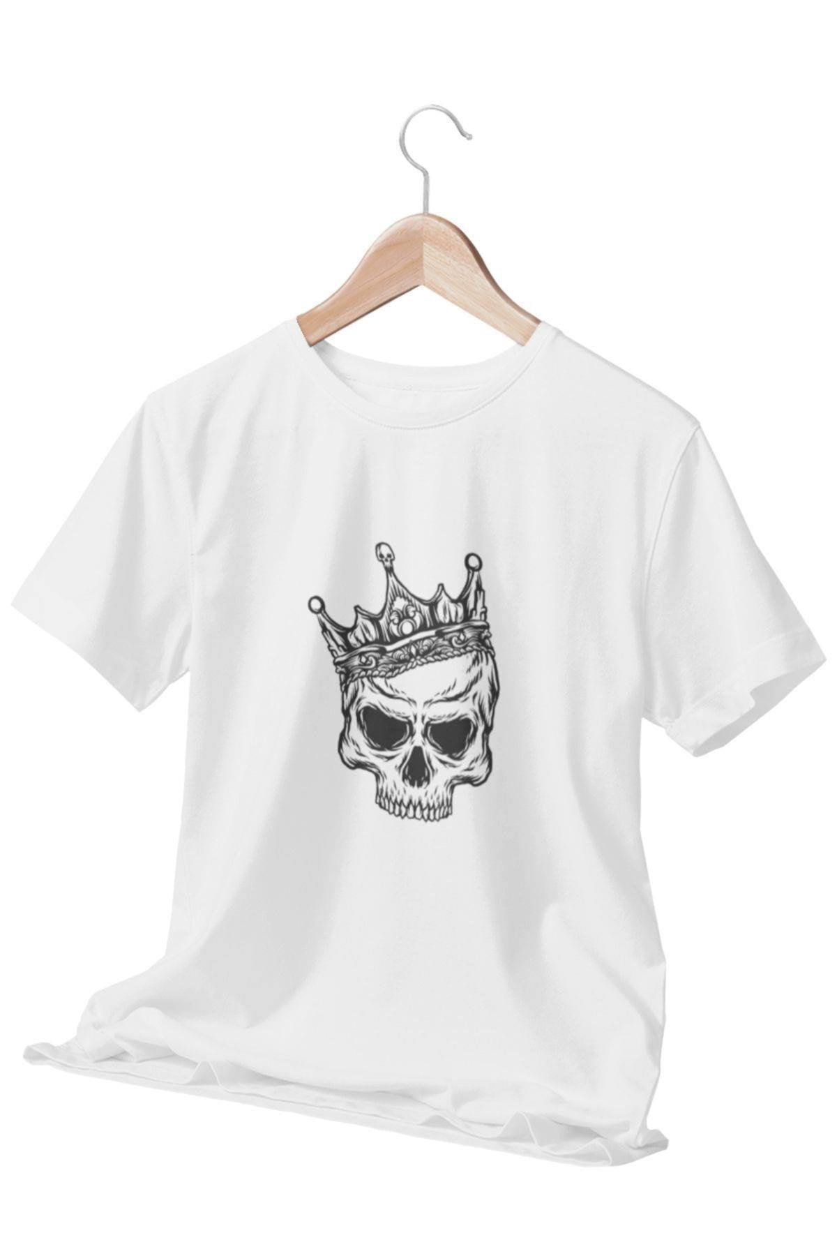 tahtın Asi Mirası' Temalı Kraliyet Tacı Takmış Kafatası Kuru Kafa Baskılı Beyaz Unisex T-shirt