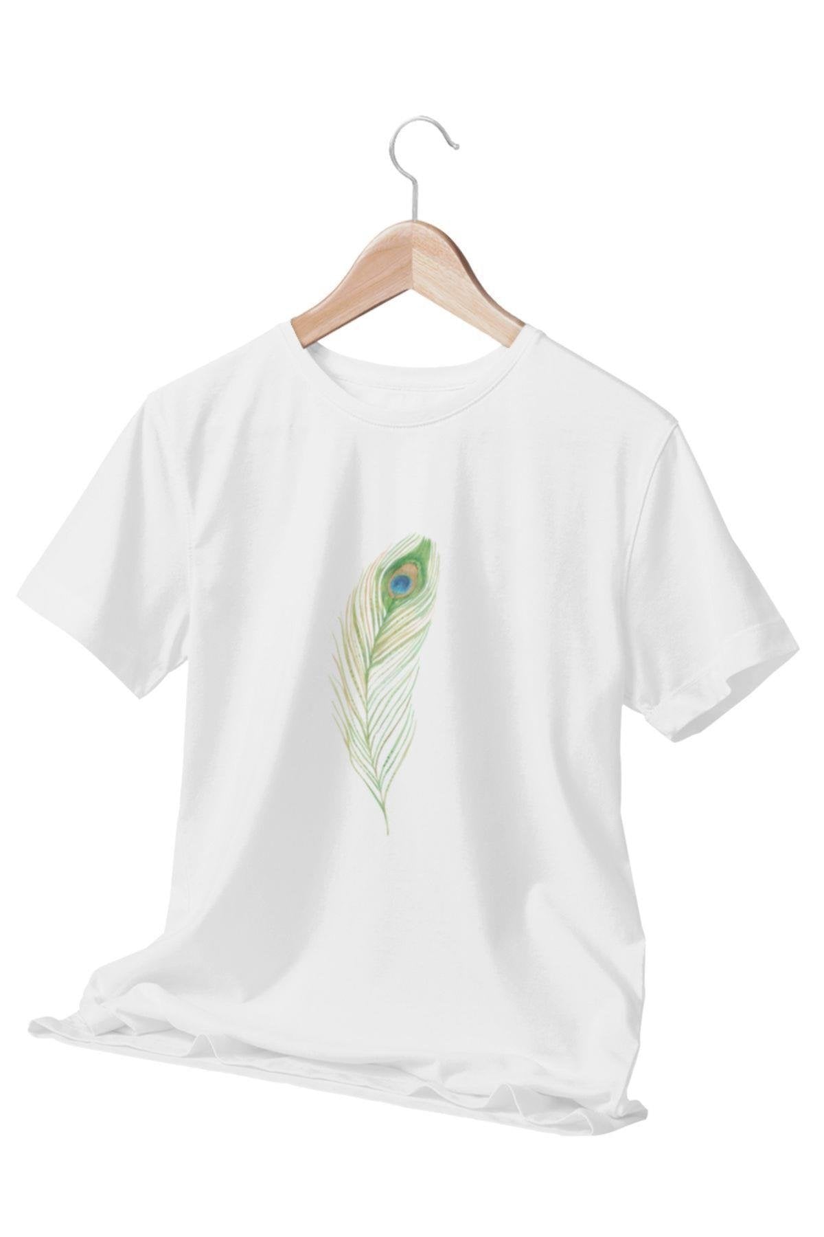 Tavus Kuşu Tüyü Baskılı Beyaz Unisex T-Shirt