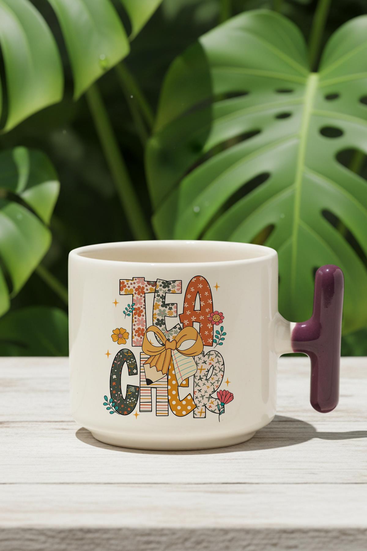 Teacher Çiçek Desenli Öğretmen Baskılı Hediyelik T Kulplu Latte Fincanı Kupa Bardak