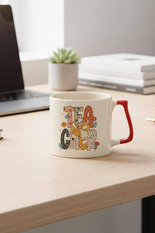 Teacher Çiçek Desenli Öğretmen Baskılı Kırmızı D Kulplu Kupa Bardak