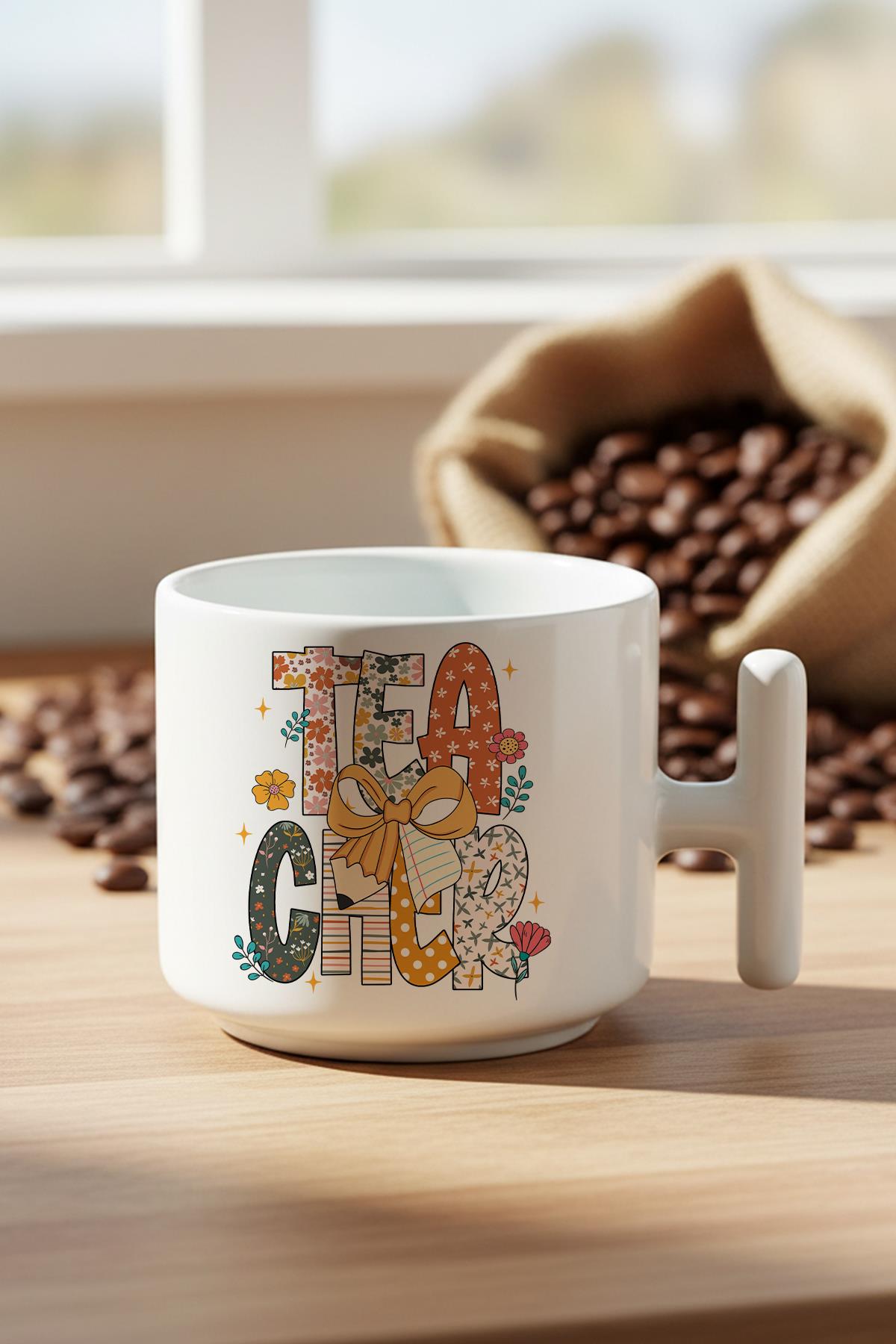 Teacher Çiçek Desenli Öğretmen Baskılı Hediyelik T Kulplu Latte Fincanı Kupa Bardak
