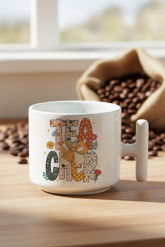 Teacher Çiçek Desenli Öğretmen Baskılı Hediyelik T Kulplu Latte Fincanı Kupa Bardak