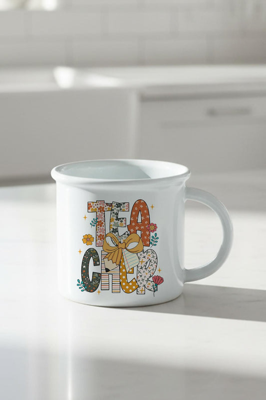 Teacher Çiçek Desenli Öğretmen Baskılı Enamel Görünümlü Seramik Vintage Kupa Bardak