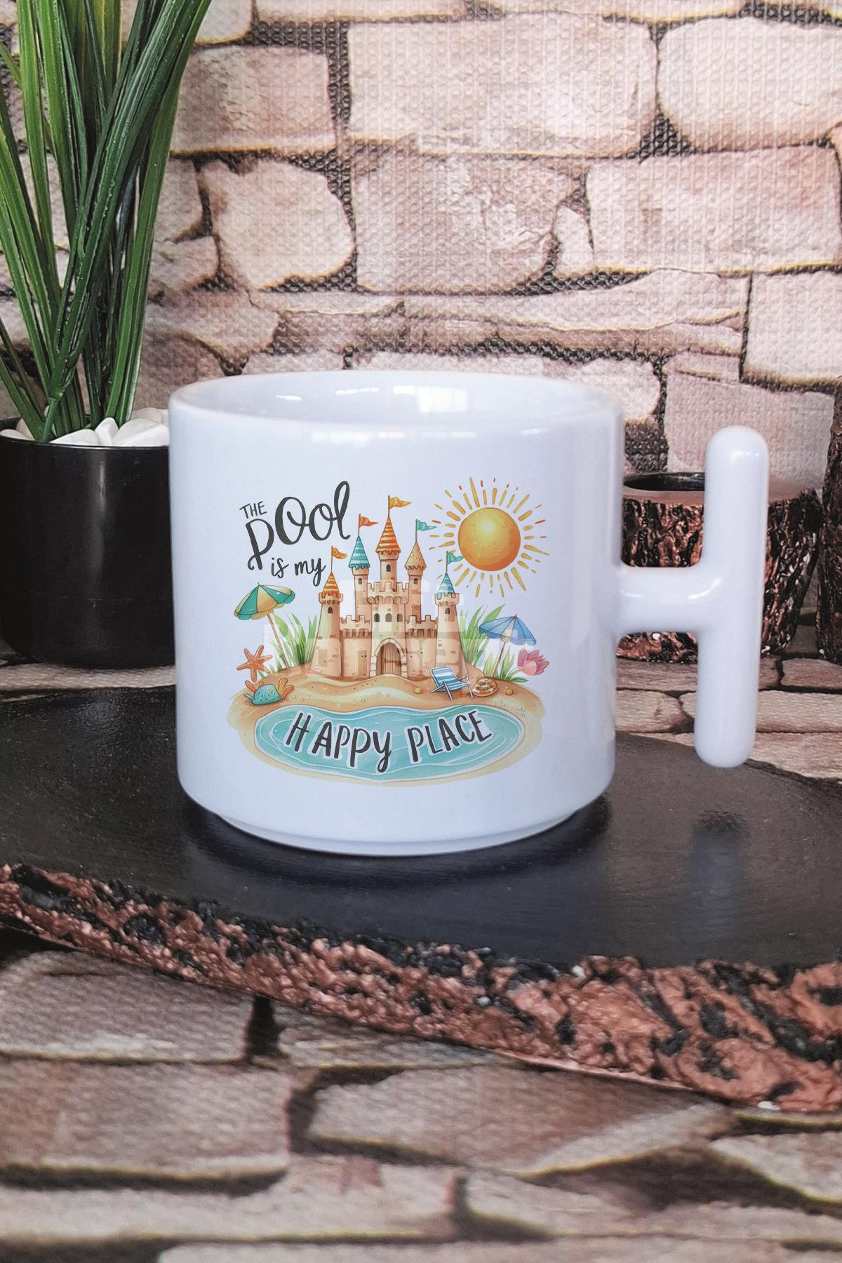 The Pool Is My Happy Place Baskılı T Kulplu Latte Fincanı Kupa Bardak