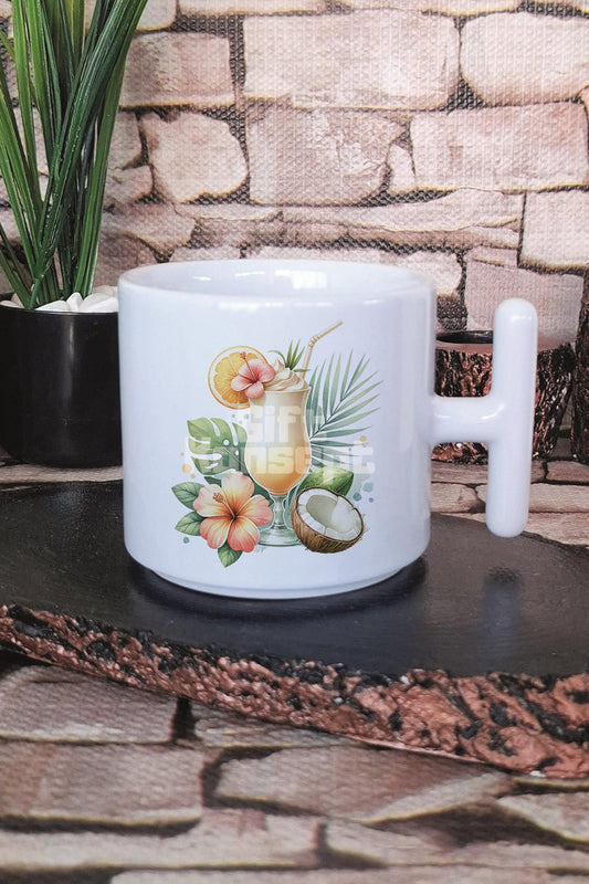 Tropikal Kokteyl Baskılı T Kulplu Latte Fincanı Kupa Bardak