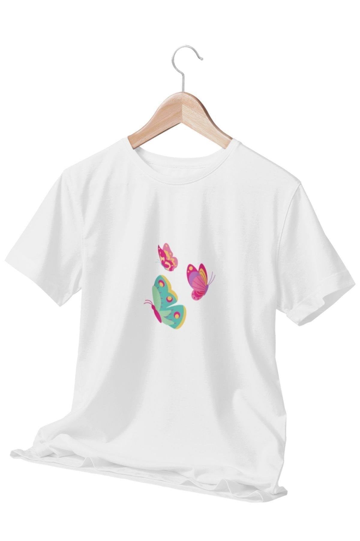 Uçan Kelebekler Baskılı Beyaz Kadın T-Shirt