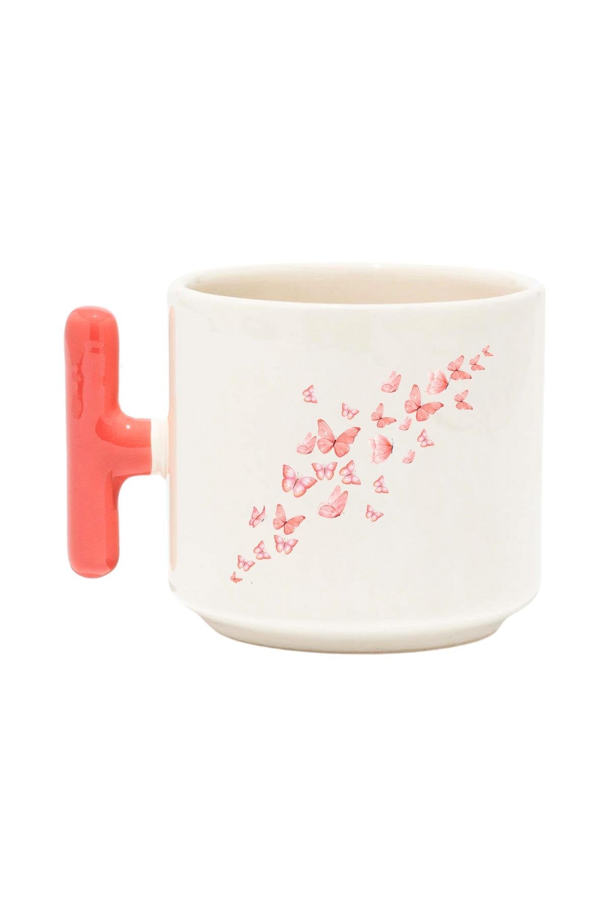 Uçan Kelebekler Baskılı Renkli T Kulplu Hediyelik Latte Fincanı Kupa Bardak