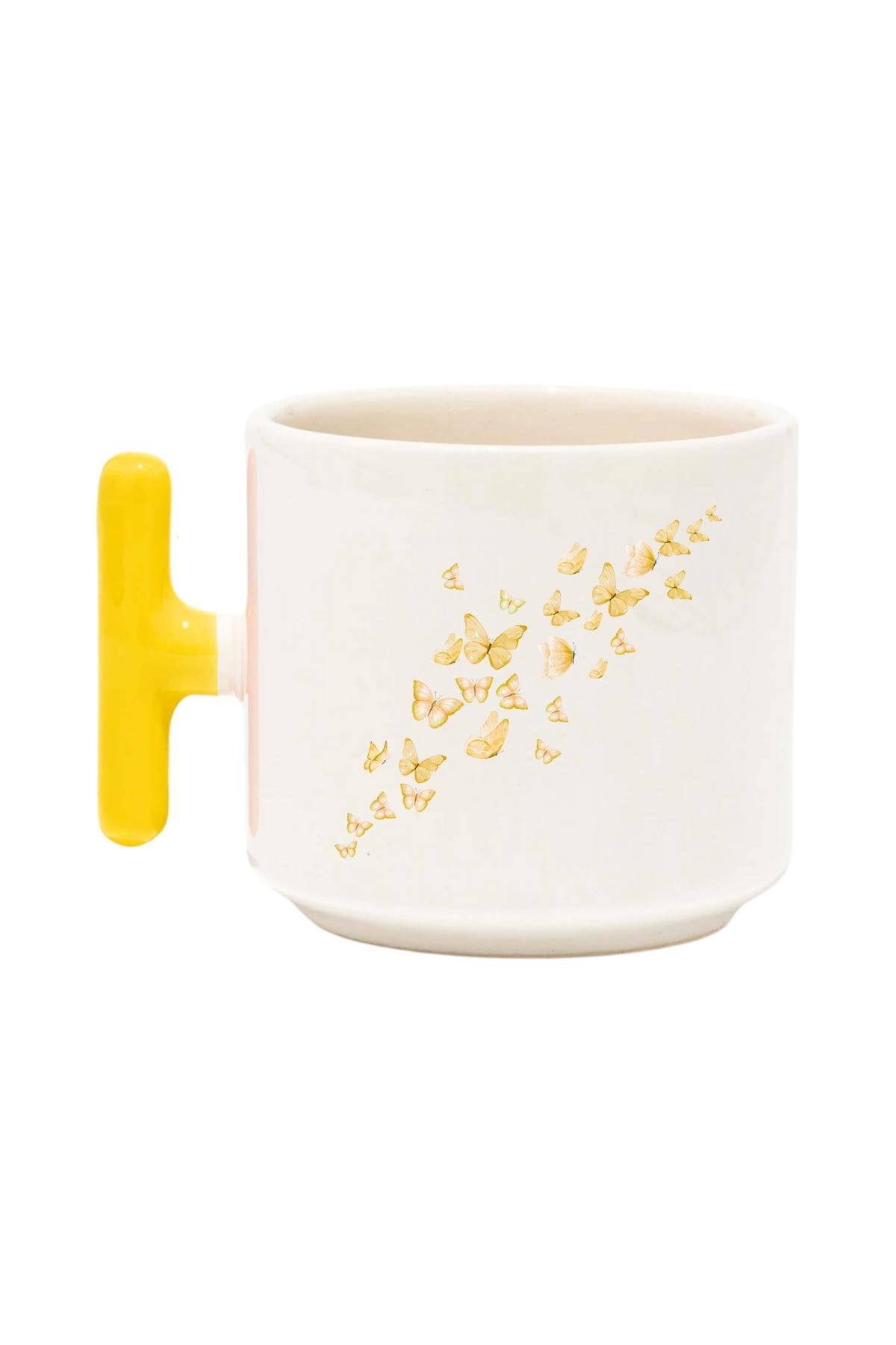 Uçan Kelebekler Baskılı Renkli T Kulplu Hediyelik Latte Fincanı Kupa Bardak