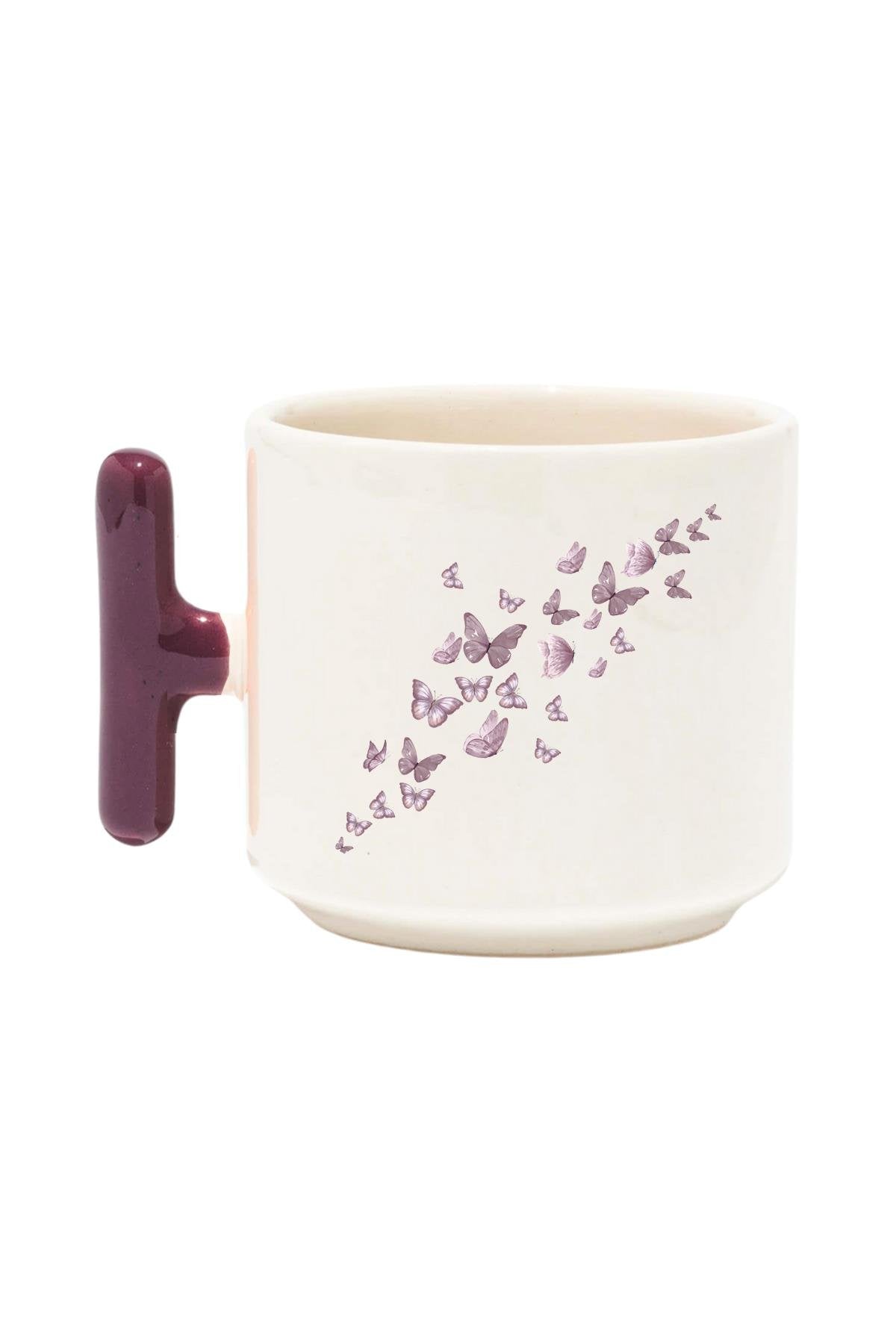 Uçan Kelebekler Baskılı Renkli T Kulplu Hediyelik Latte Fincanı Kupa Bardak