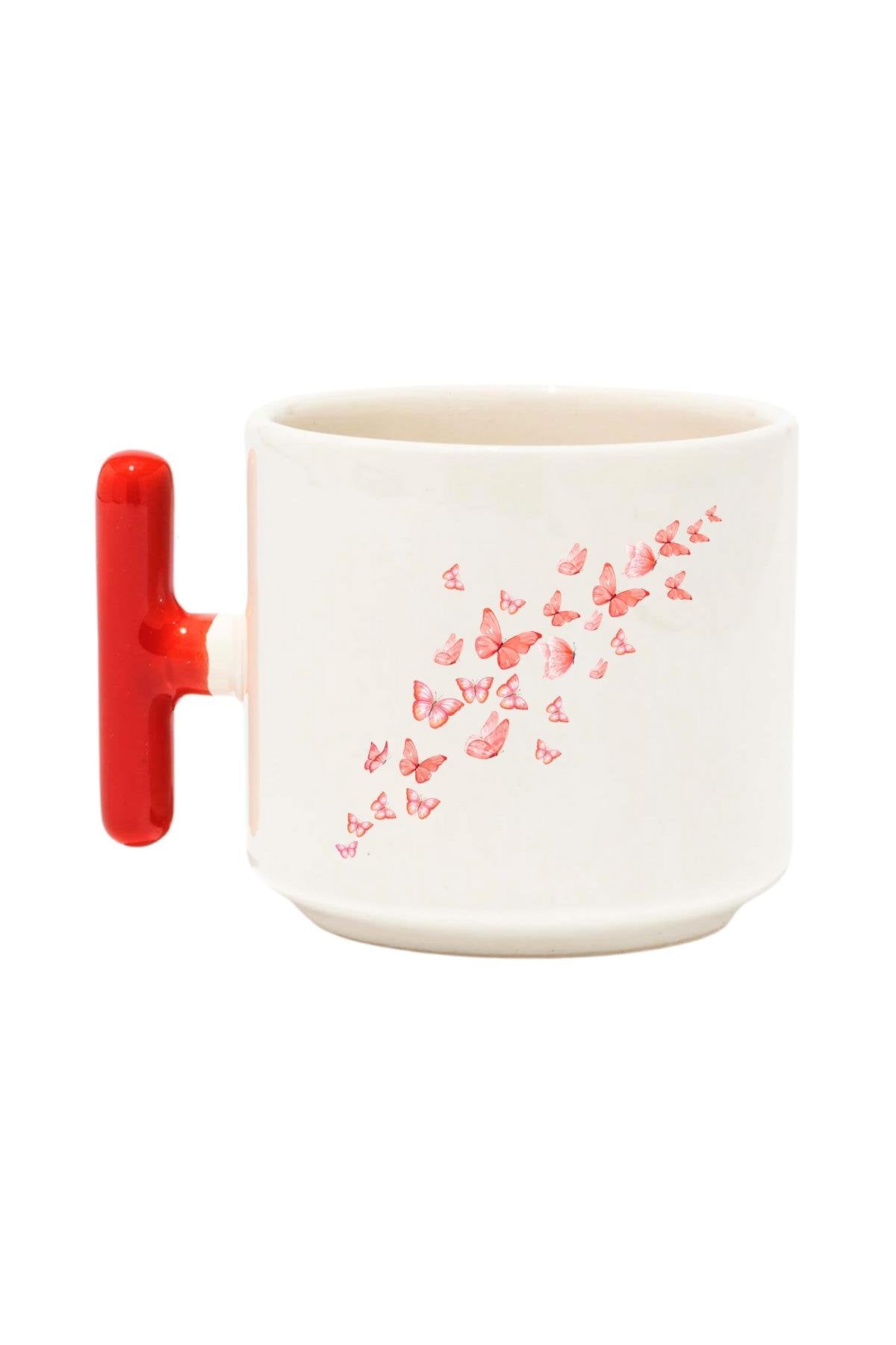 Uçan Kelebekler Baskılı Renkli T Kulplu Hediyelik Latte Fincanı Kupa Bardak