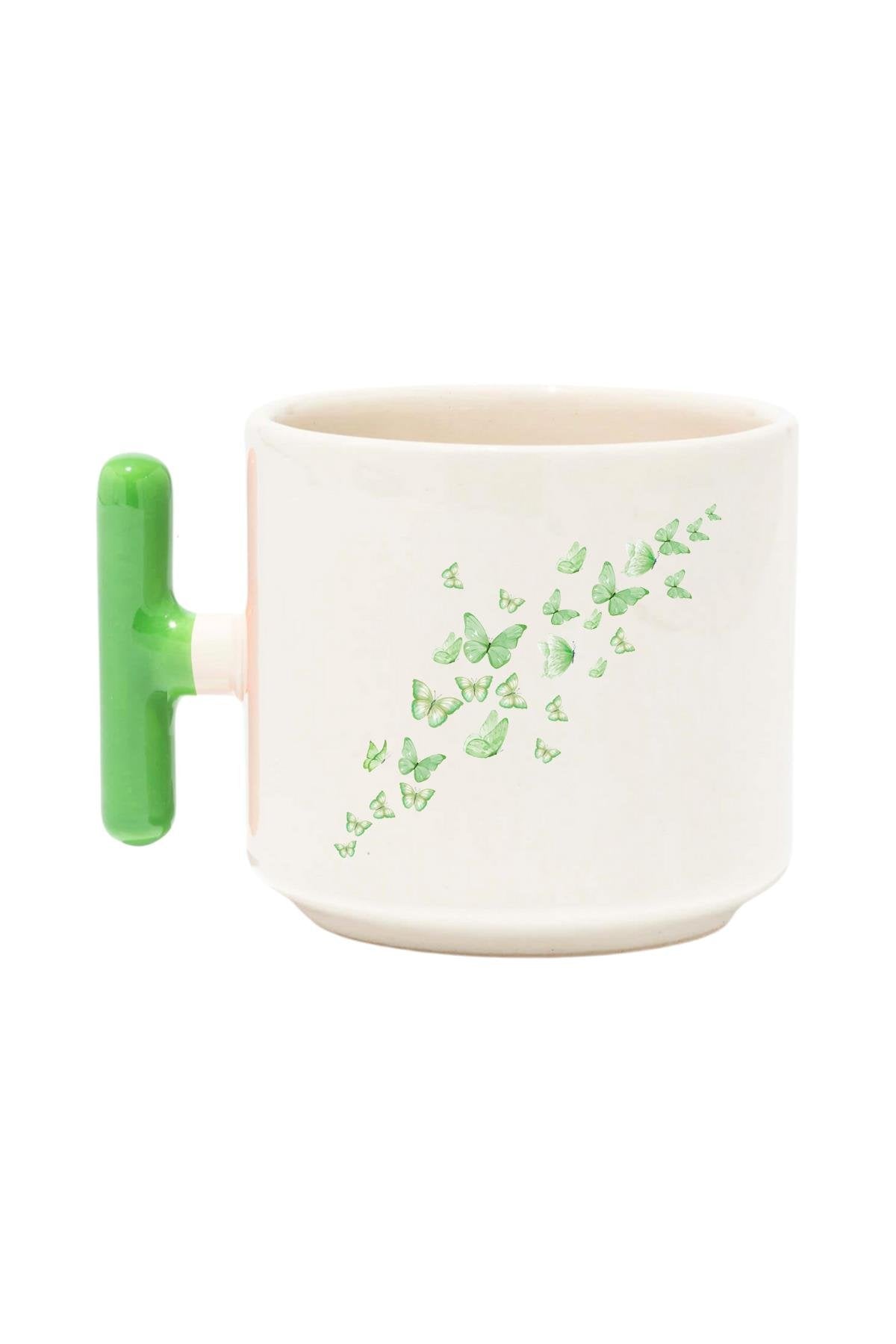 Uçan Kelebekler Baskılı Renkli T Kulplu Hediyelik Latte Fincanı Kupa Bardak