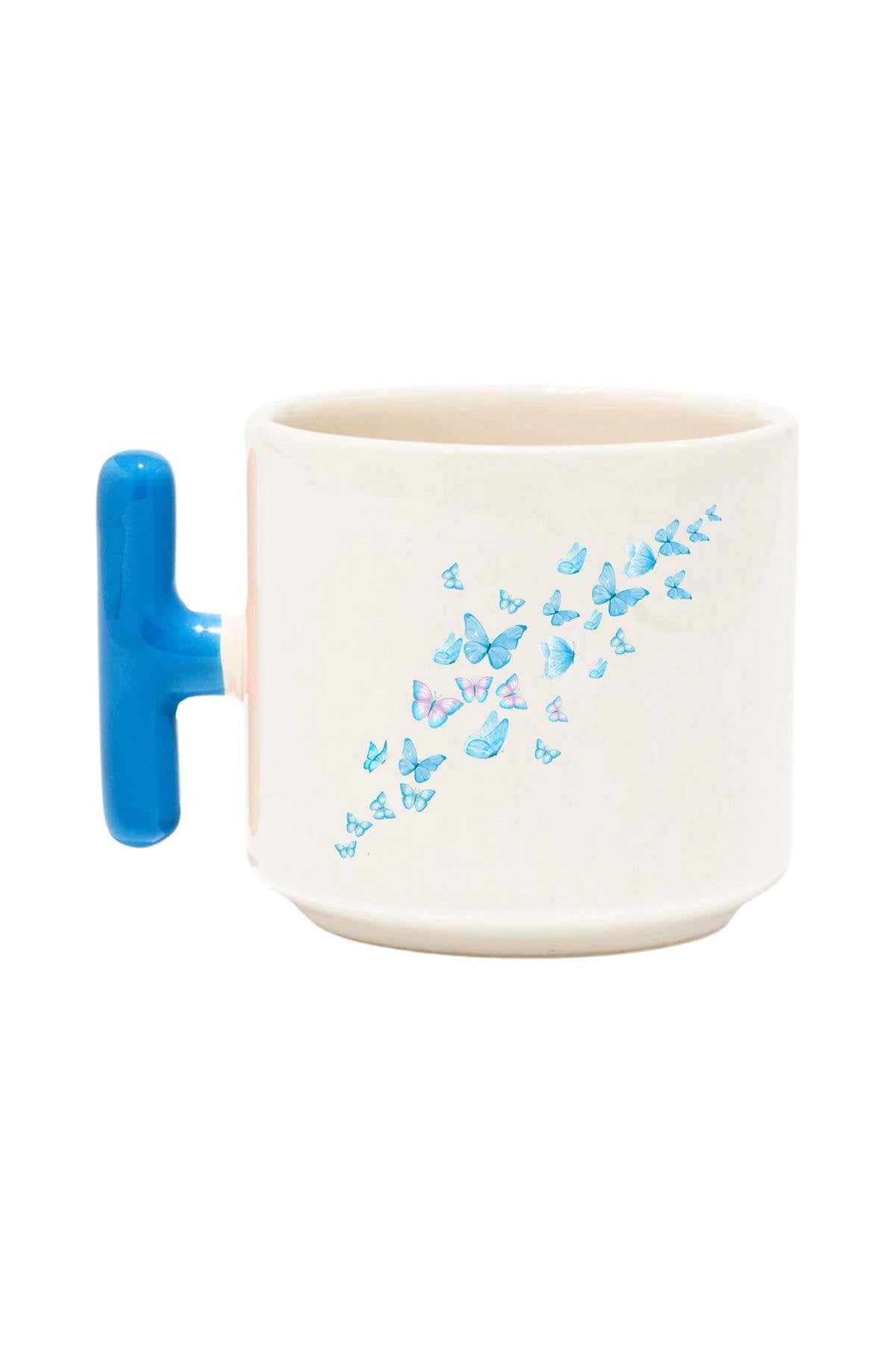 Uçan Kelebekler Baskılı Renkli T Kulplu Hediyelik Latte Fincanı Kupa Bardak