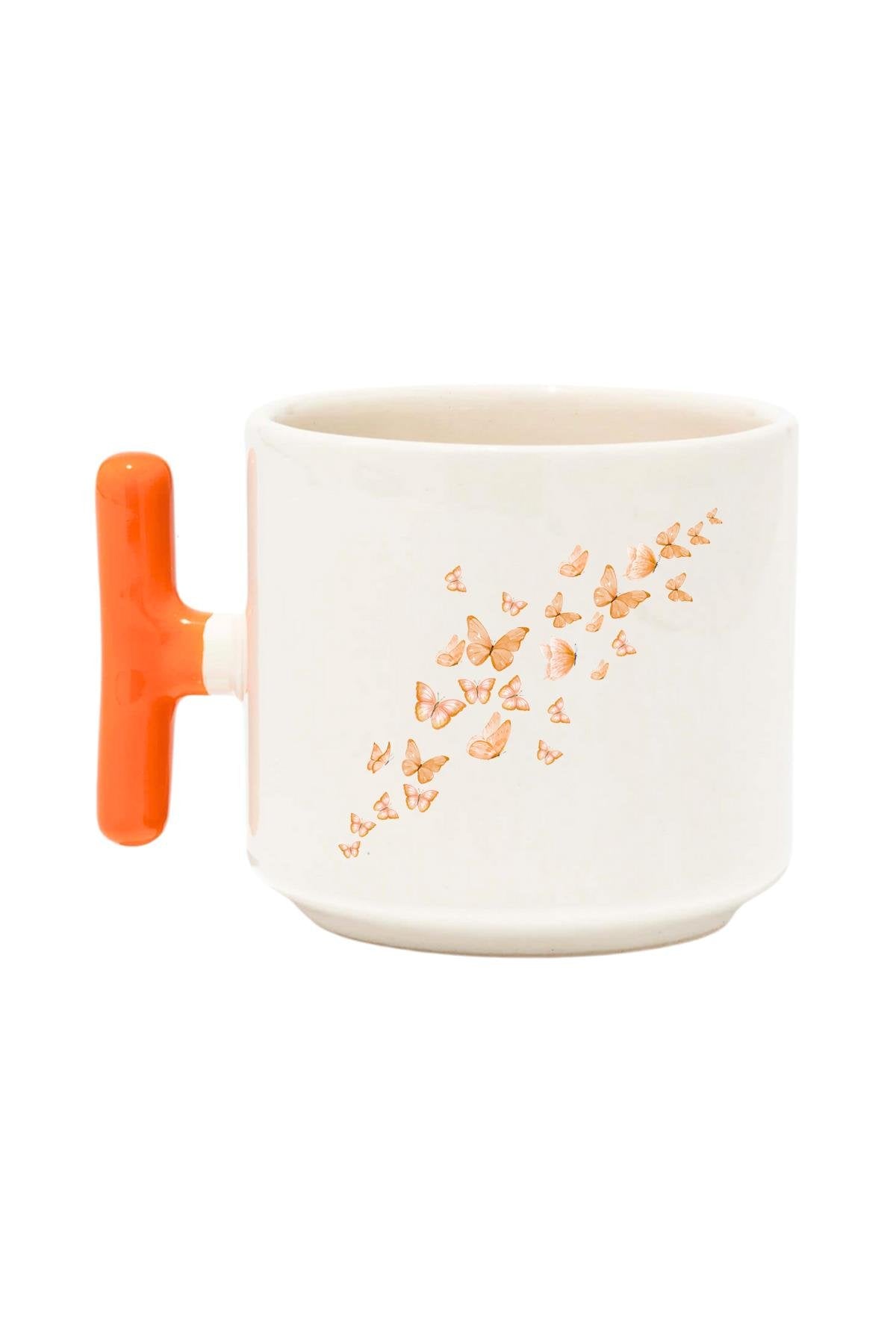 Uçan Kelebekler Baskılı Renkli T Kulplu Hediyelik Latte Fincanı Kupa Bardak