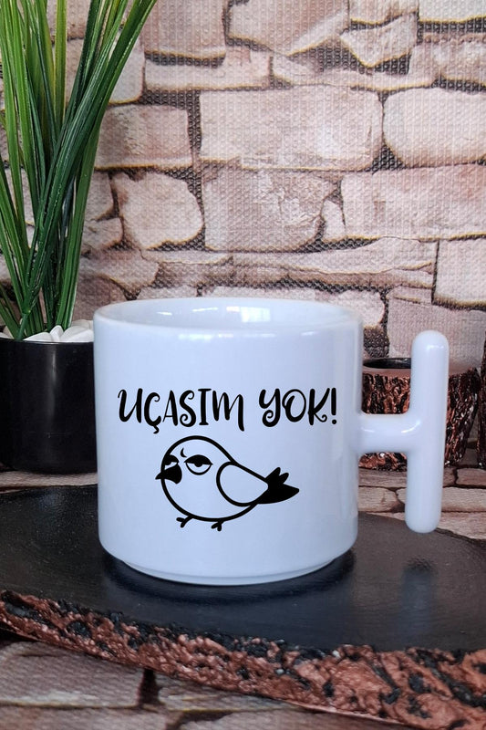 Uçasım Yok-Bezgin Kuş Baskılı Eğlenceli Hediyelik T Kulplu Latte Fincanı Kupa Bardak