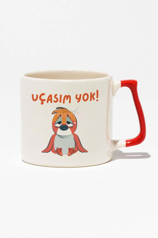 Uçasım Yok-Kuş Eğlenceli Komik Hediyelik Beyaz Baskılı Kırmızı Kulplu Modern Seramik Kupa