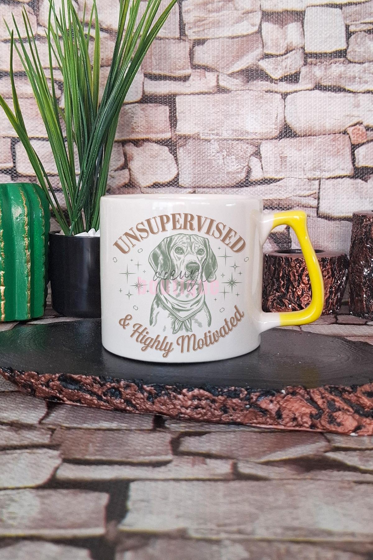 Unsupervised & Highly motivated Yazılı Komik Köpek Esprisi Hediyelik Kulplu Kupa Bardak