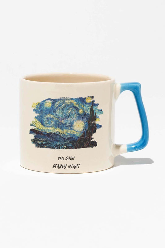 Van Gogh Temalı Starry Night Baskılı Mavi Kulplu Modern Seramik Kupa