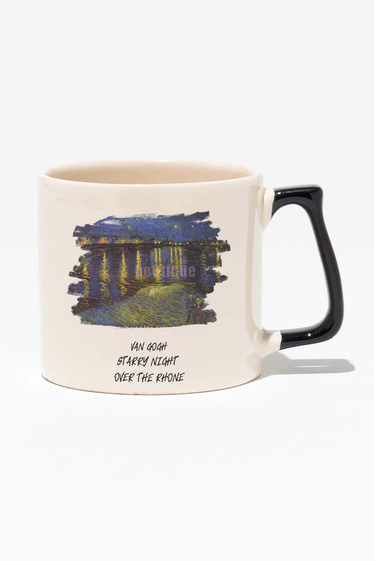 Van Gogh Temalı Starry Night Over The Rhone Baskılı Siyah Kulplu Modern Seramik Kupa
