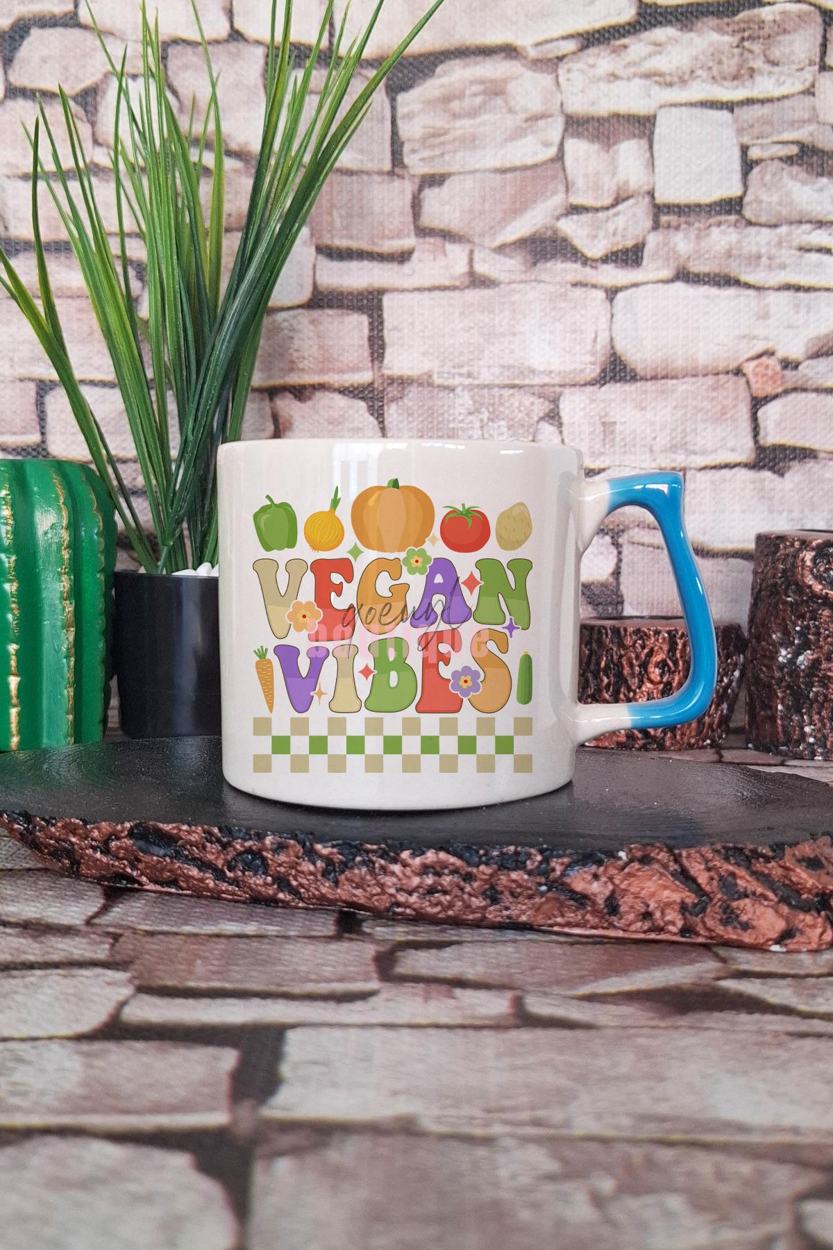 Vegan Vibes Şık Baskılı Modern Hediyelik Kulplu Kupa Bardak