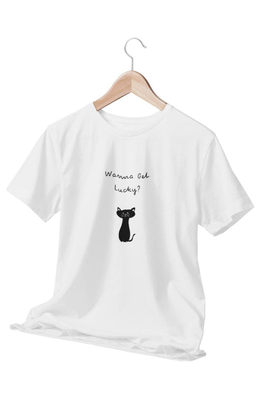 Wanne Get Lucky Şans Kedisi Baskılı Eğlenceli Beyaz Unisex T-Shirt