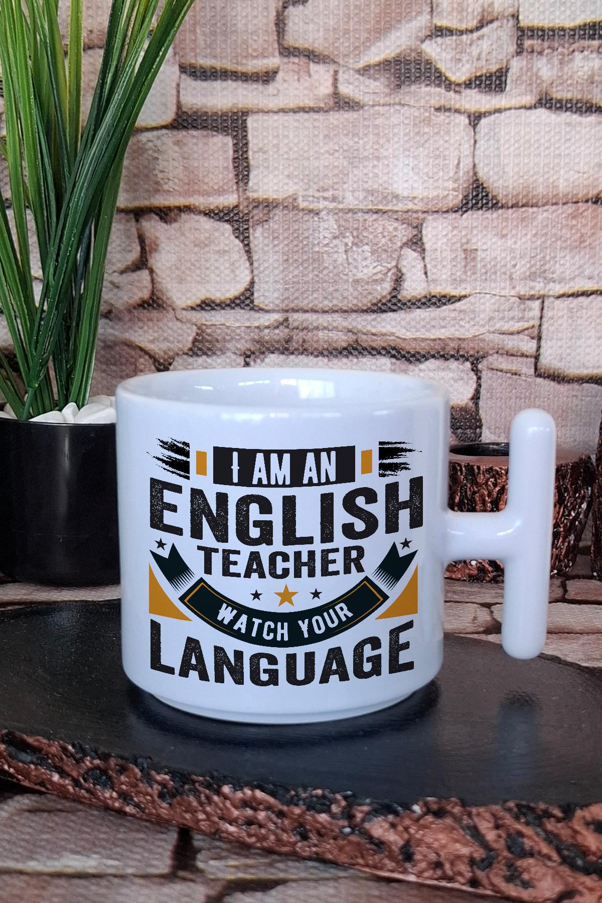 Watch Your Language Baskılı İngilizce Öğretmeni Hediyelik T Kulplu Latte Fincanı Kupa Bardak