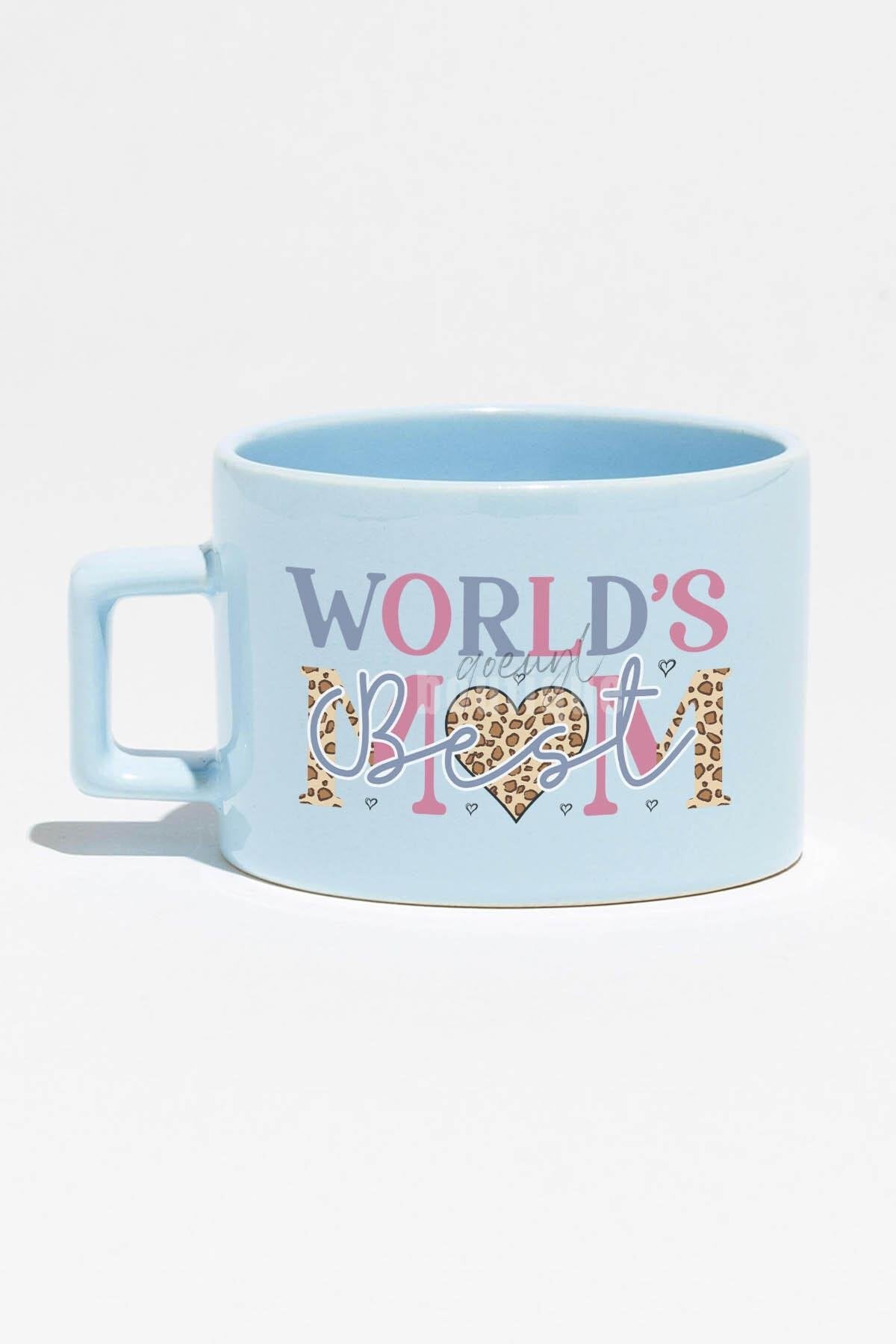 World's Best Mom Baskılı Anneler Günü Hediyelik Mavi Dikdörtgen Kulplu Fincan Kupa Bardak