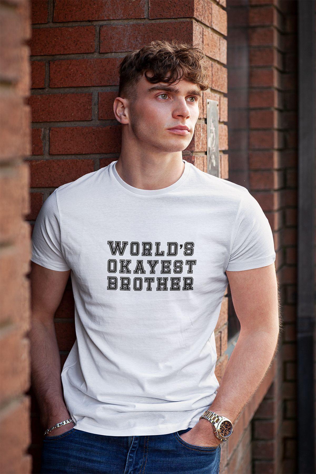 World's Okayest Brother Baskılı Abi Kardeş Hediyelik Beyaz Unisex T-Shirt