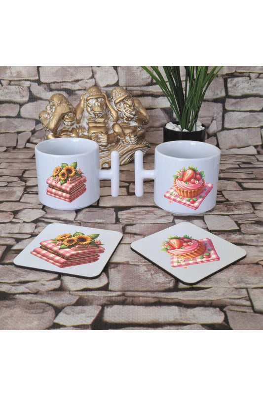 Yaz Pikniği Temalı Baskılı 4'lü Set Ahşap Bardak Altlığı ve Latte Fincanı T Kulplu Kupa Bardak