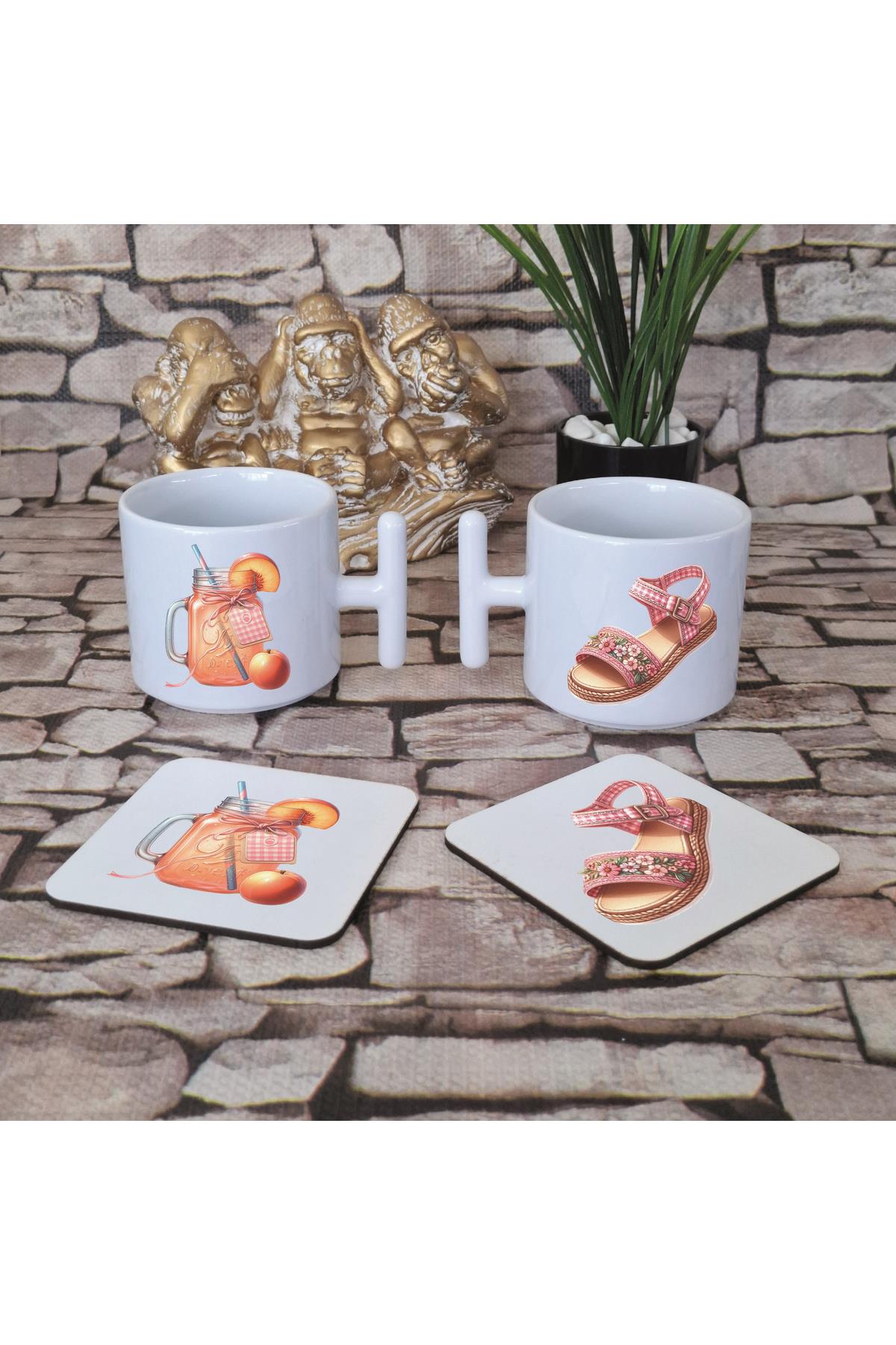 Yaz Temalı Pembe Baskılı 4'lü Set Ahşap Bardak Altlığı ve Latte Fincanı T Kulplu Kupa Bardak